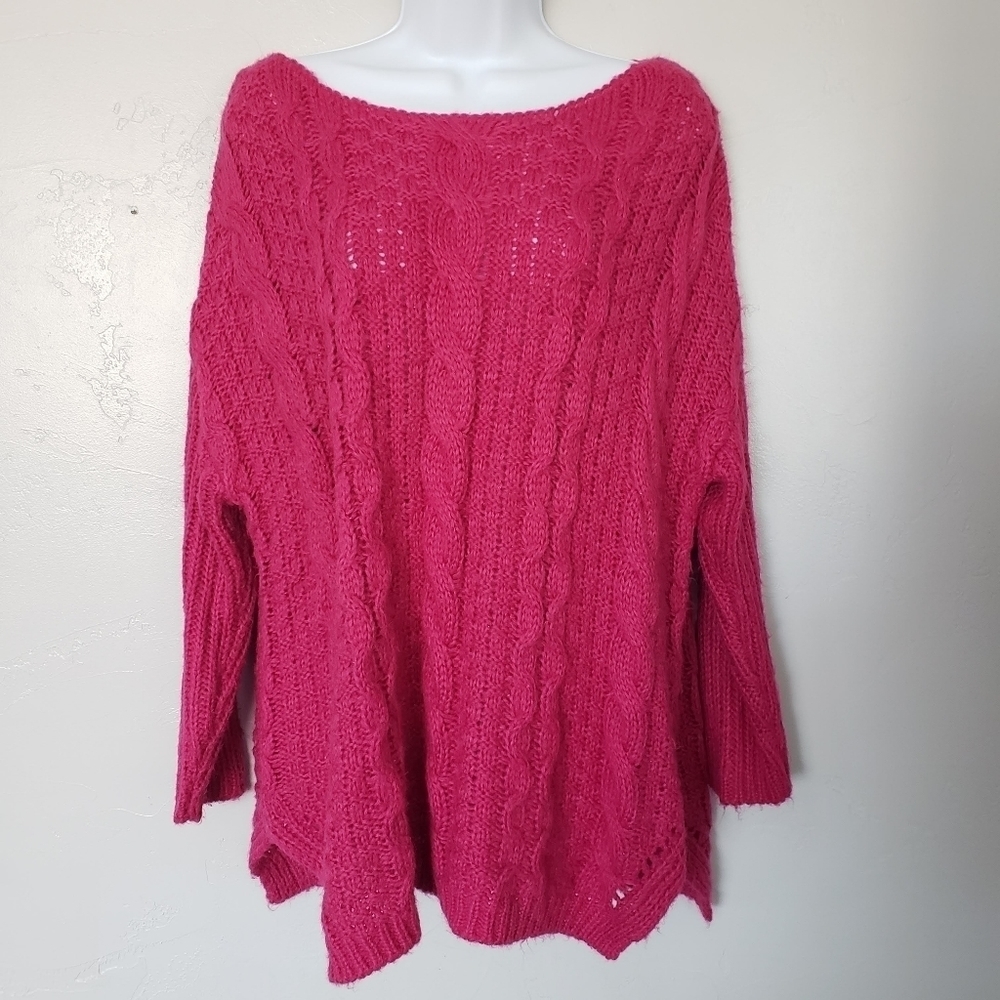 Pink Lily Small Oversized Cable Knit Sweater Wide Neck Magenta Fall Winter Cozy